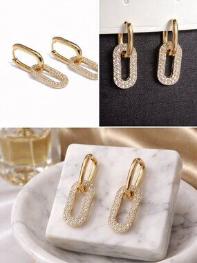 Luxury Gold Tone Link Earrings Pave Crystal Drop Designer Inspired Statement